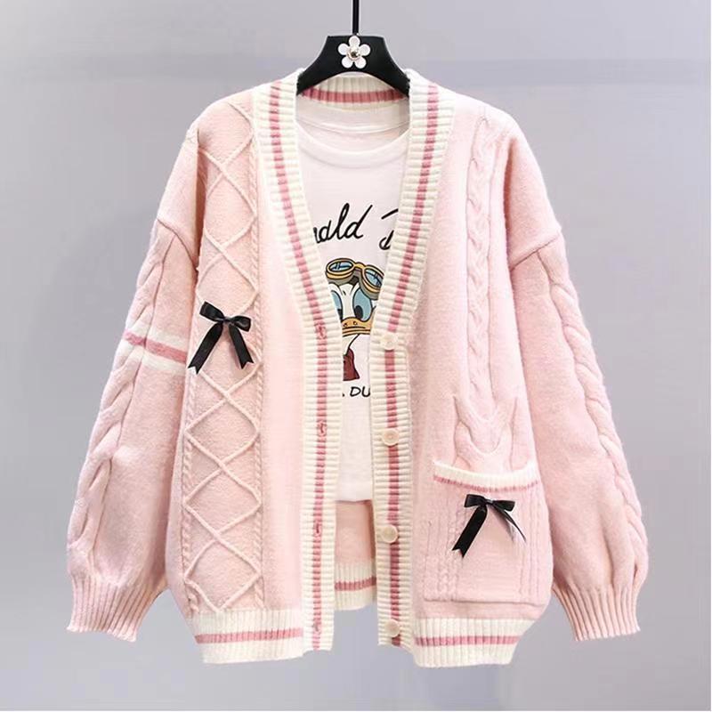 Damen Modischer Strickcardigan mit Zopfmuster und dekorativen Schleifen Drune