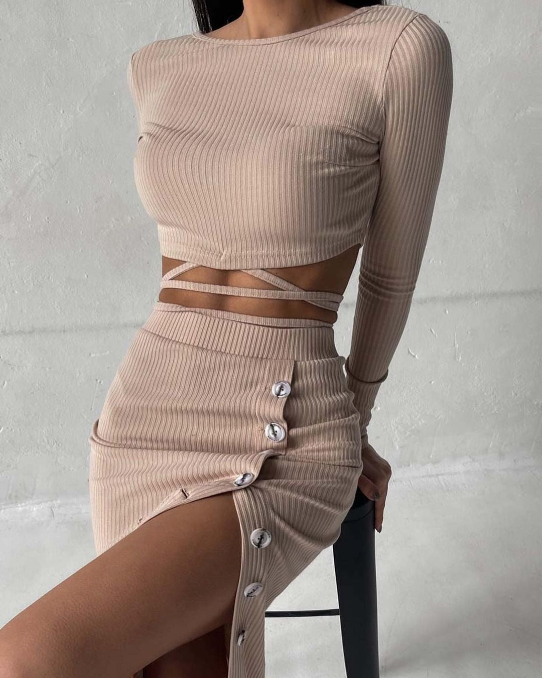 Damen cropped Oberteil und lange hochtaillierte Rockkombination Drune