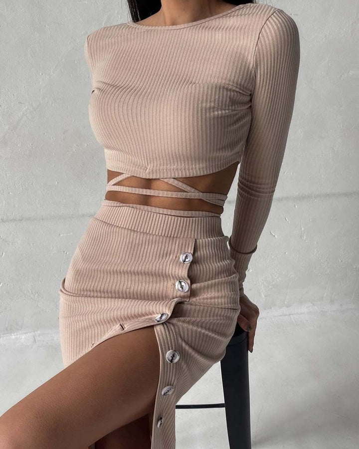 Damen cropped Oberteil und lange hochtaillierte Rockkombination Drune