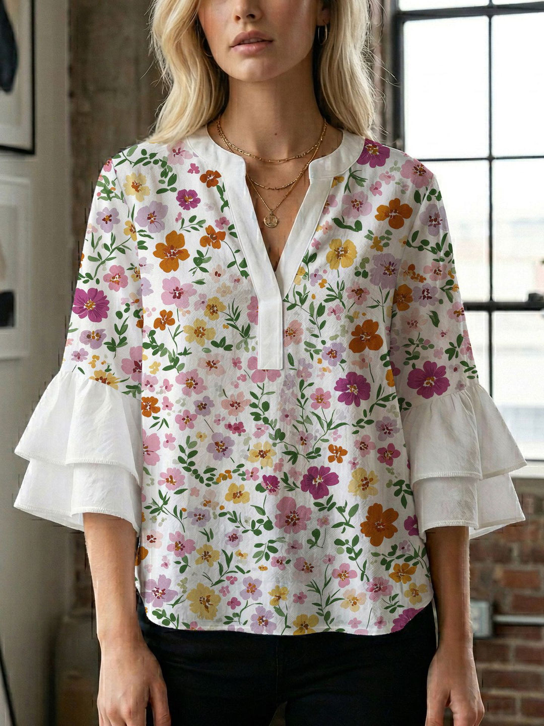 Damen Blusenshirt mit voluminösen Ärmeln und kreativem Druckdesign Drune