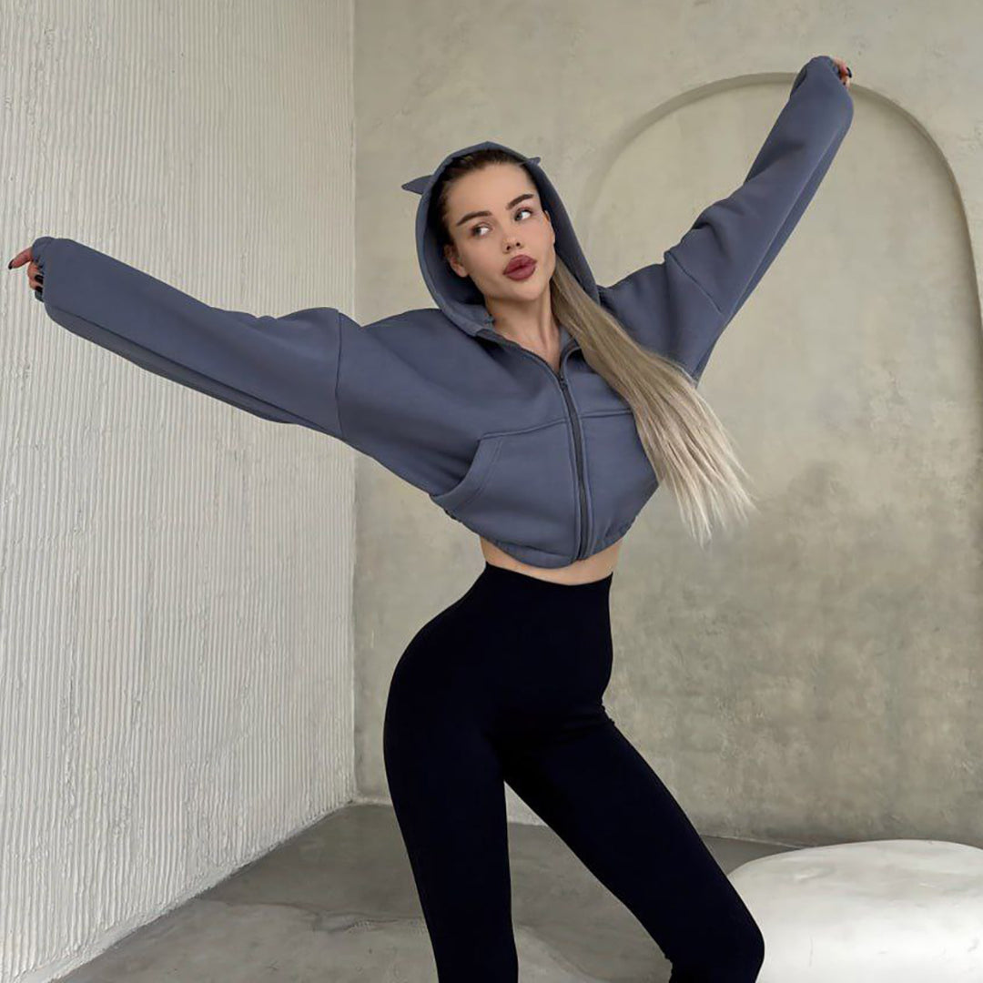 Damen cropped Kapuzenjacke mit einzigartigem Ohren-Design Drune