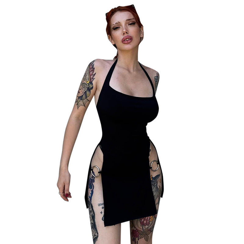 Damen sexy und modisches Halterkleid mit offenen Seiten und Ringelementen Drune