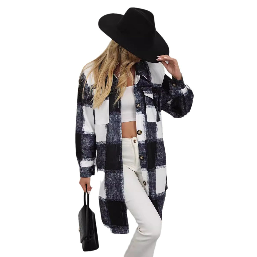 Damen Karomuster Longbluse mit Knopfverschluss und Seitentaschen Drune
