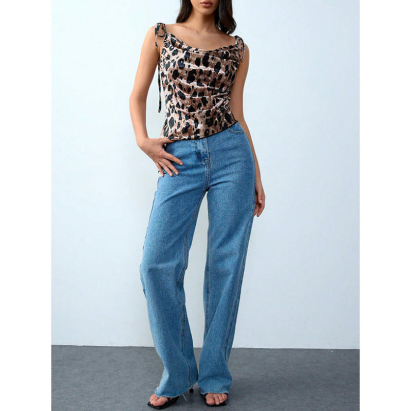 Damen Elegantes Leopardenmuster Spaghetti-Top mit gerafftem Detail Drune