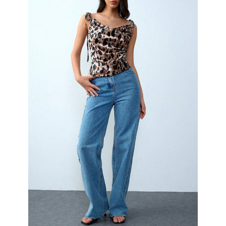 Damen Elegantes Leopardenmuster Spaghetti-Top mit gerafftem Detail Drune