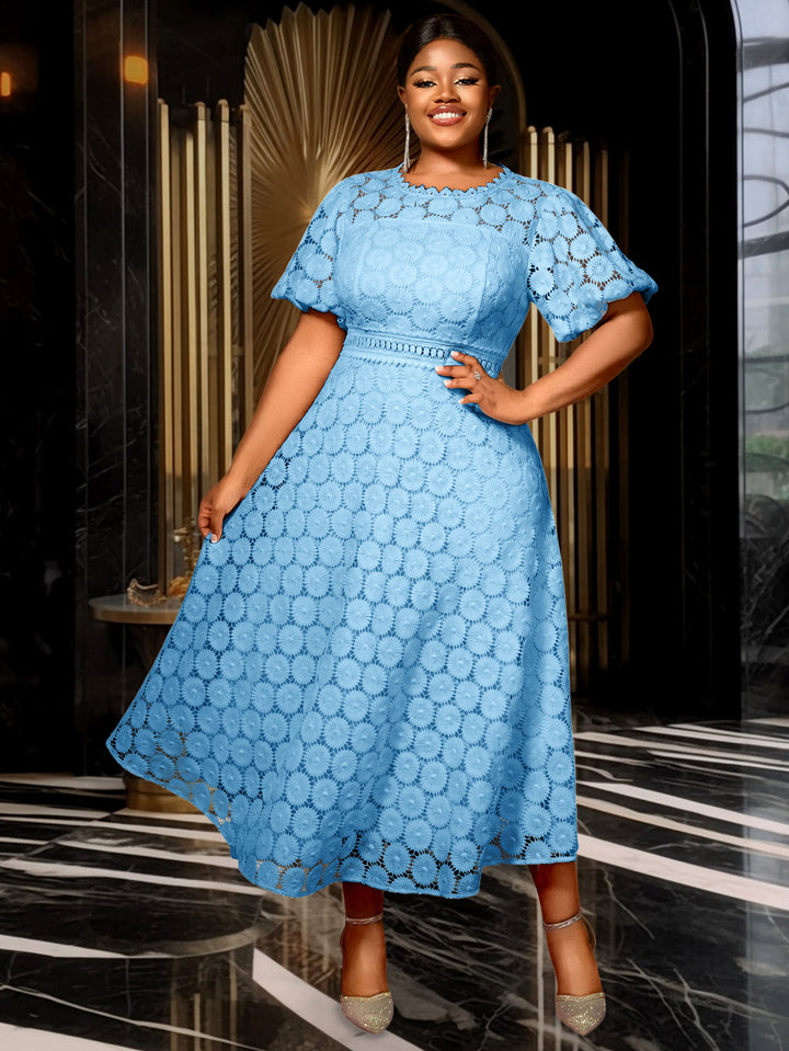 Damen Midi-Kleid mit eleganter Spitzenapplikation und Puffärmeln Drune