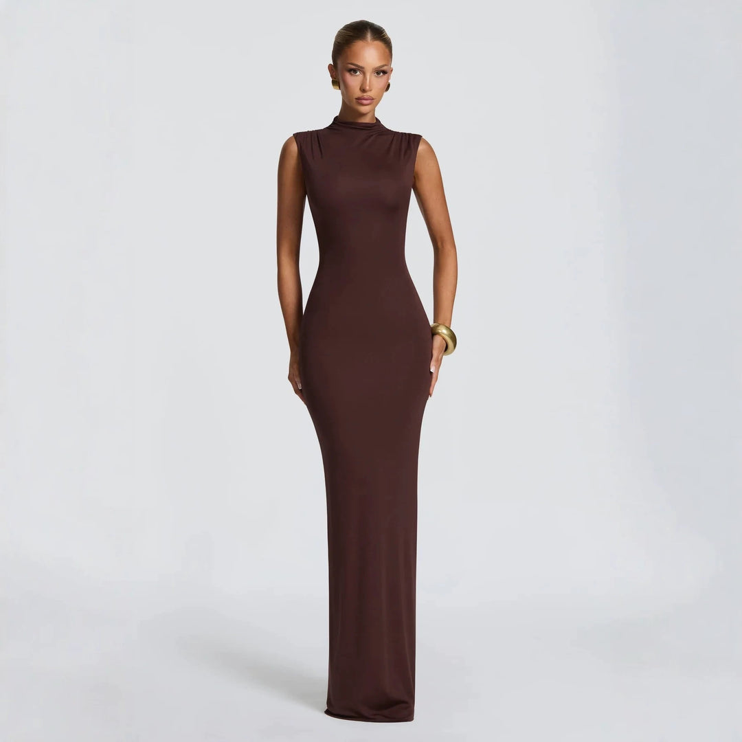 Damen Elegantes langes Kleid mit hohem Kragen und figurbetonter Silhouette Drune
