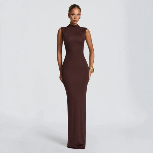 Damen Elegantes langes Kleid mit hohem Kragen und figurbetonter Silhouette Drune