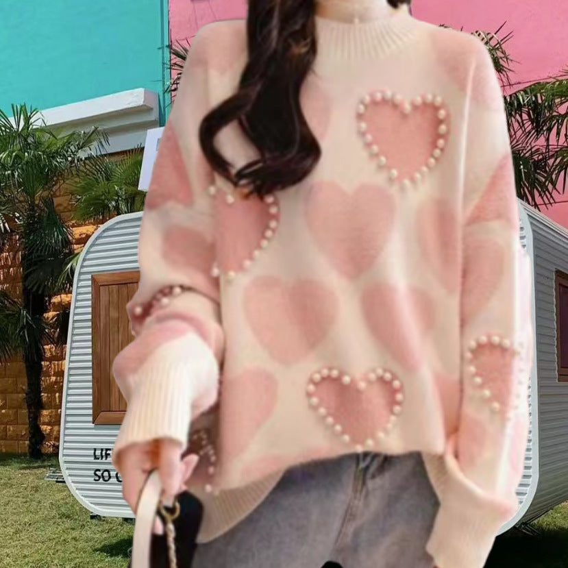 Damen Gemusterter Strickpullover mit Herz-Applikationen und Rippkragen Drune