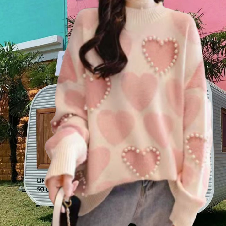 Damen Gemusterter Strickpullover mit Herz-Applikationen und Rippkragen Drune