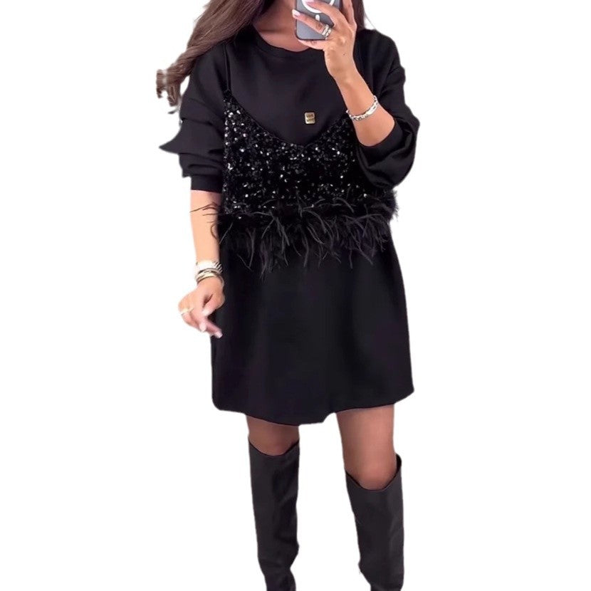 Damen modisches Sweatkleid mit Pailletten- und Federdetails Drune