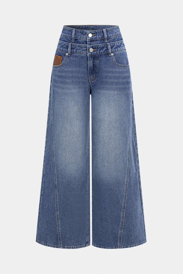 Damen nan hochgeschnittene Doppelbund-Jeansculotte mit weitem Cropped-Bein und sichtbaren Nahtpaneelen Drune