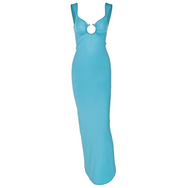 Damen Elegantes Maxikleid mit tiefem V-Ausschnitt und hohem Schlitz Drune