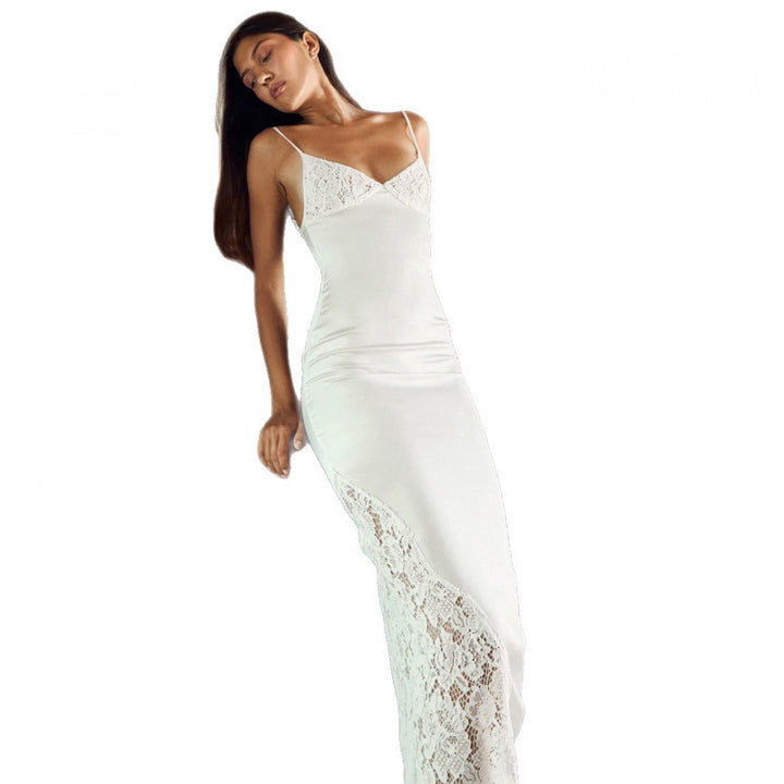Damen Elegantes Sommerkleid mit Spitzenoberteil und verstellbaren Trägern Drune