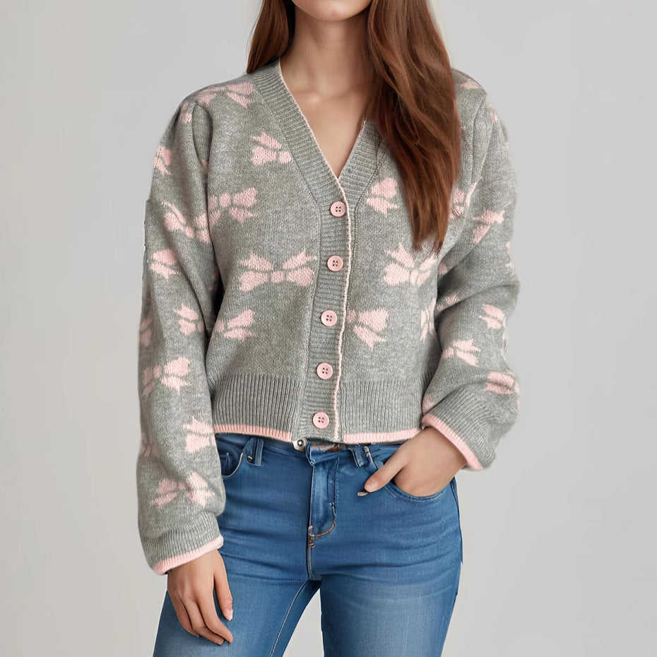 Damen kuschelige Strickjacke mit dekorativem Motiv und Knopfleiste Drune