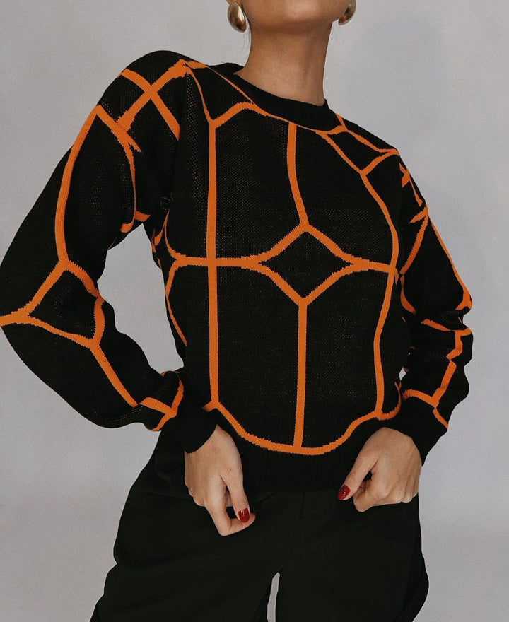 Damen modischer Strickpullover mit geometrischem Muster und hohem Kragen Drune
