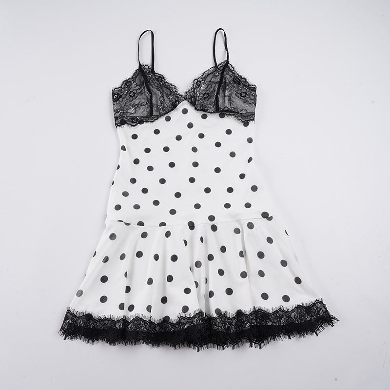 Damen Spitzen-Nachthemd mit Punktemuster und Rüschendetails Drune