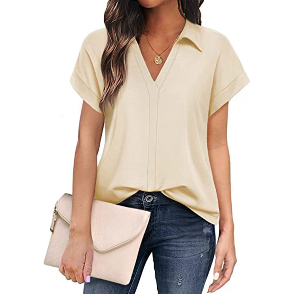 Damen V-Ausschnitt Bluse mit kurzen Ärmeln und eleganter Knopfleiste Drune