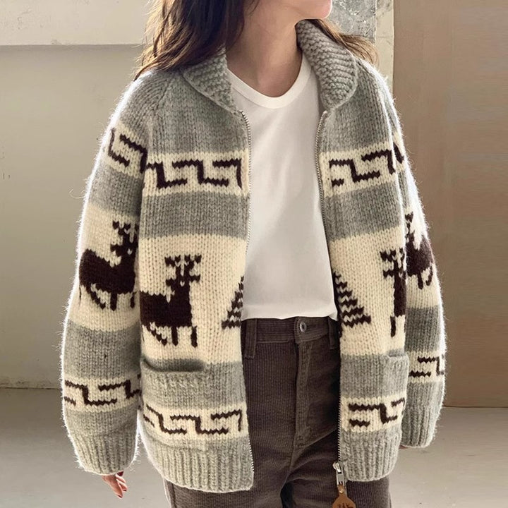 Damen Kuscheliger Zip-Cardigan mit festlichem Motiv Drune