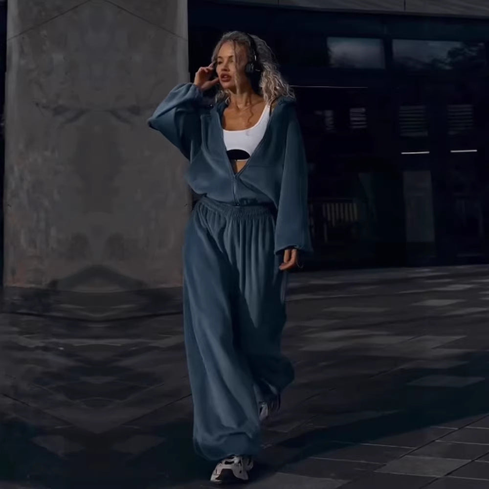 Damen Sportlicher Fleece-Anzug mit weiter Passform und Kapuze Drune