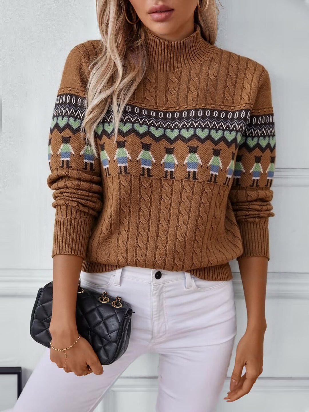 Damen Strickpullover mit kreativem Muster und hohem Kragen Drune