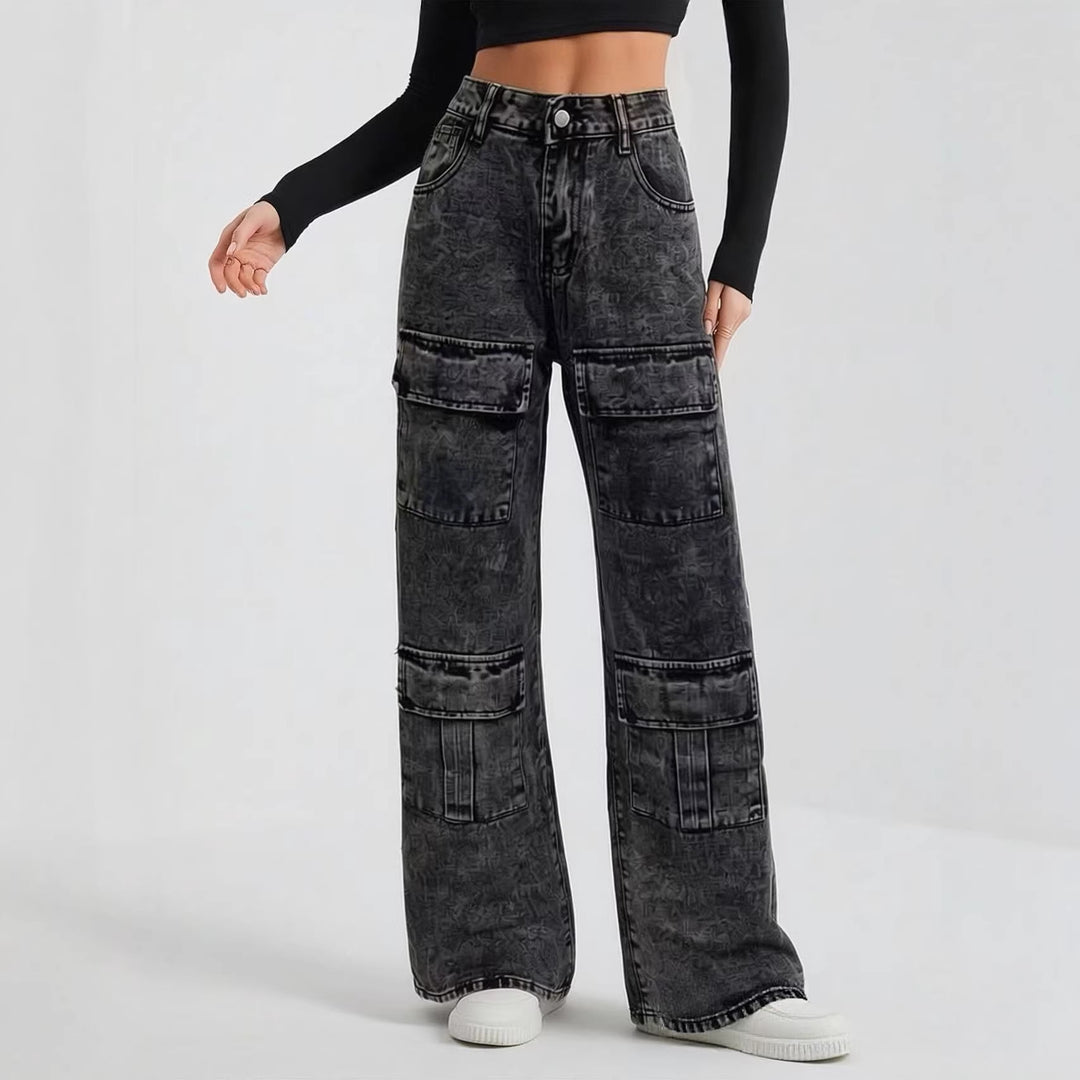 Damen nan High‑Waist Utility-Denimhose mit aufgesetzten Knie-Patches, Cargo‑Taschen und weitem Schlag Drune