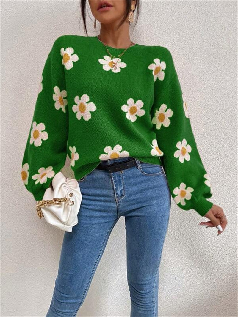 Damen Strickpullover mit verspieltem Blumenmuster und eleganten Puffärmeln Drune