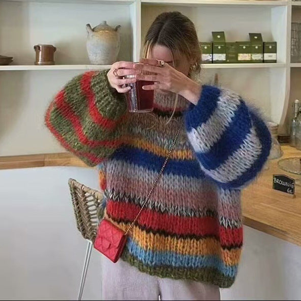 Damen Luftiger Strickpullover mit buntem Streifenmuster Drune