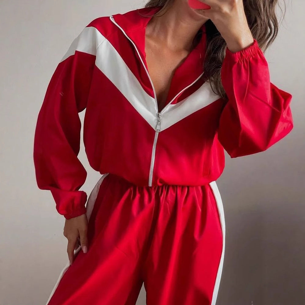 Damen nan Satin-Trackset mit Stehkragen, Chevron-Streifen und Kordelzug Drune