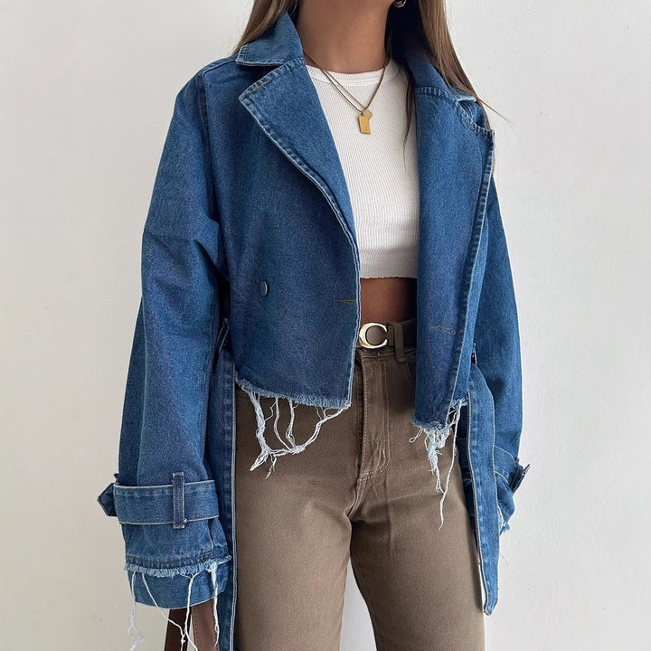 Damen cropped Denimjacke im Vintage-Stil mit fransen und modischen Details Drune