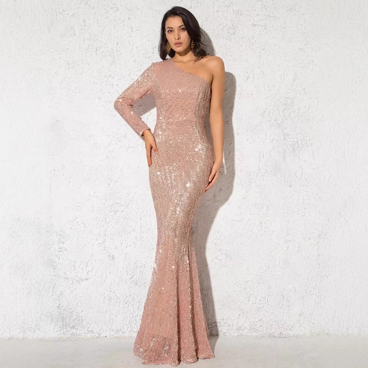 Damen Glitzerndes Elegantes Abendkleid mit schimmerndem Effekt und asymmetrischem Schnitt Drune
