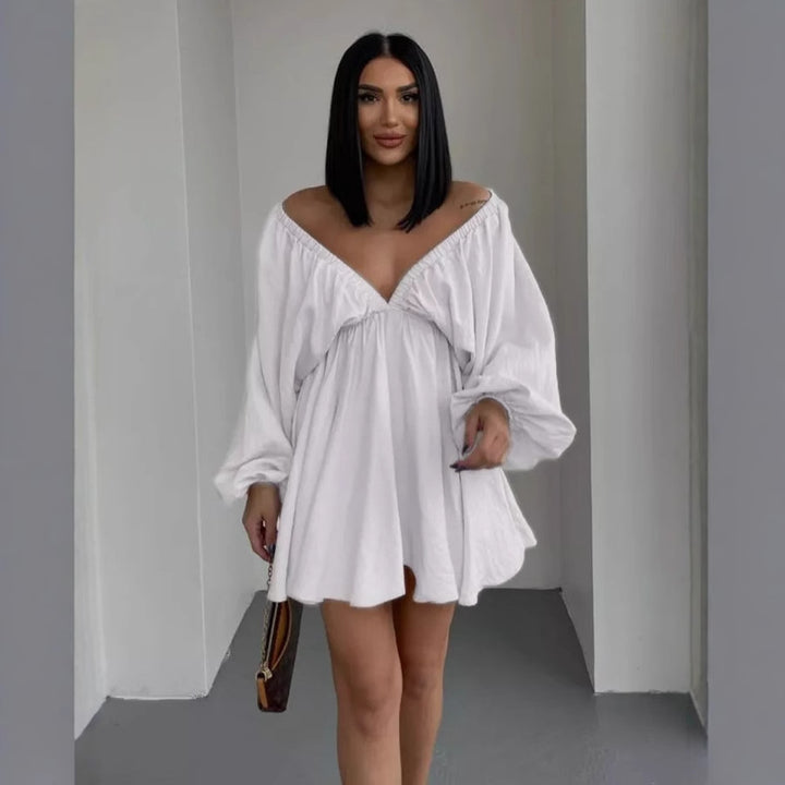 Damen lässiges Babydoll-Kleid mit schulterfreiem Ausschnitt und langen Puffärmeln Drune