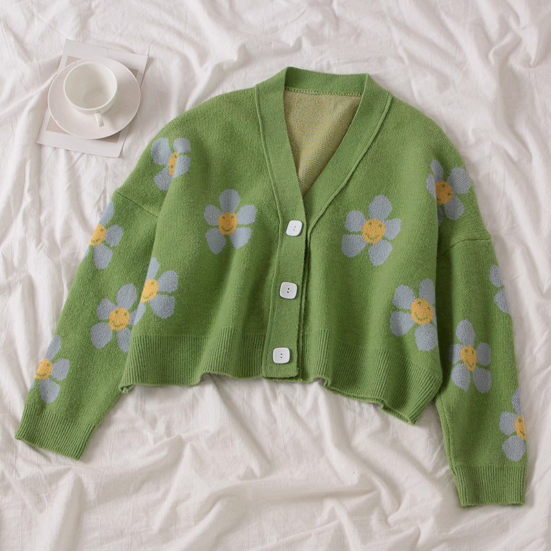 Damen kurz geschnittene Strickjacke mit floralen Mustern und durchgehenden Knöpfen Drune