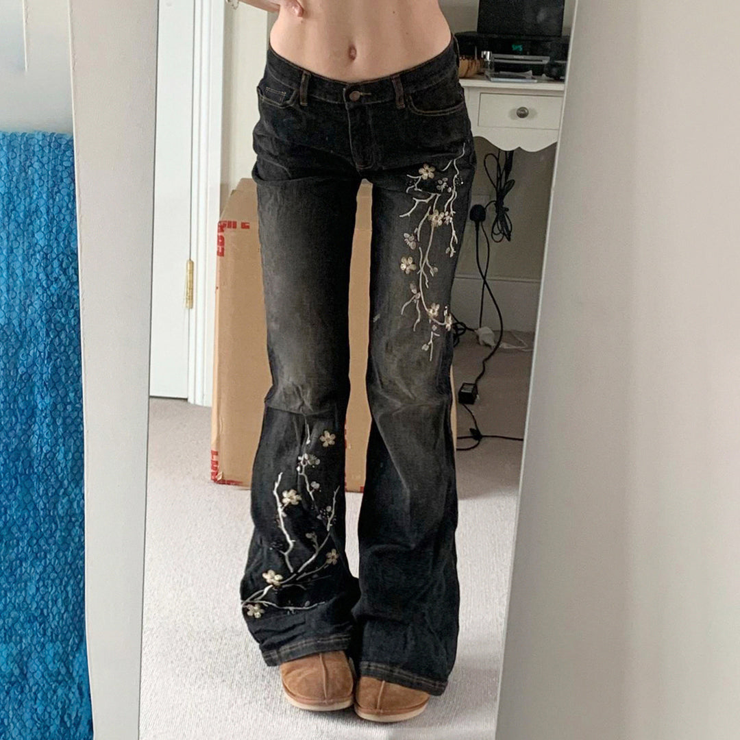 Damen nan taillierte Schlaghose-Jeans mit floraler Stickerei, Stretchdenim und Five-Pocket-Schnitt Drune