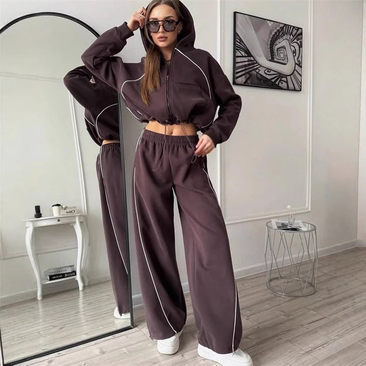 Damen sportlicher Kapuzenjacken- und Jogginghosen-Set mit modernem Design und praktischen Taschen Drune