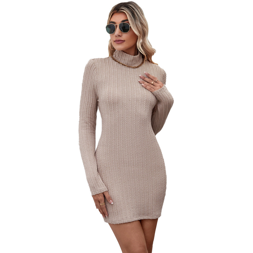Damen figurbetontes Langarmkleid mit Stehkragen und Rippstruktur Drune