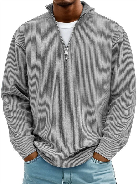 Herren nan gerippter Strickpullover mit halbem Reißverschluss und Stehkragen Drune