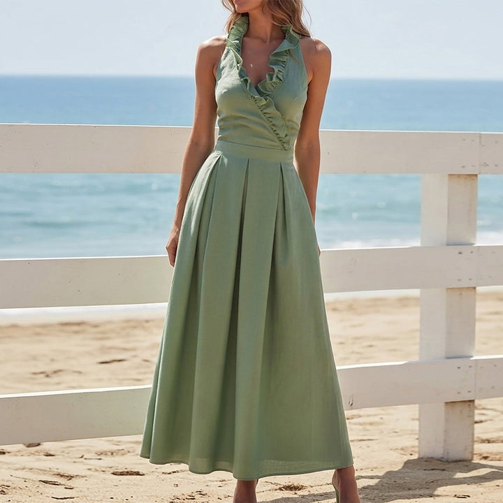 Damen Elegantes Maxi-Kleid mit verspieltem Rüschen-Ausschnitt und taillierter Passform Drune