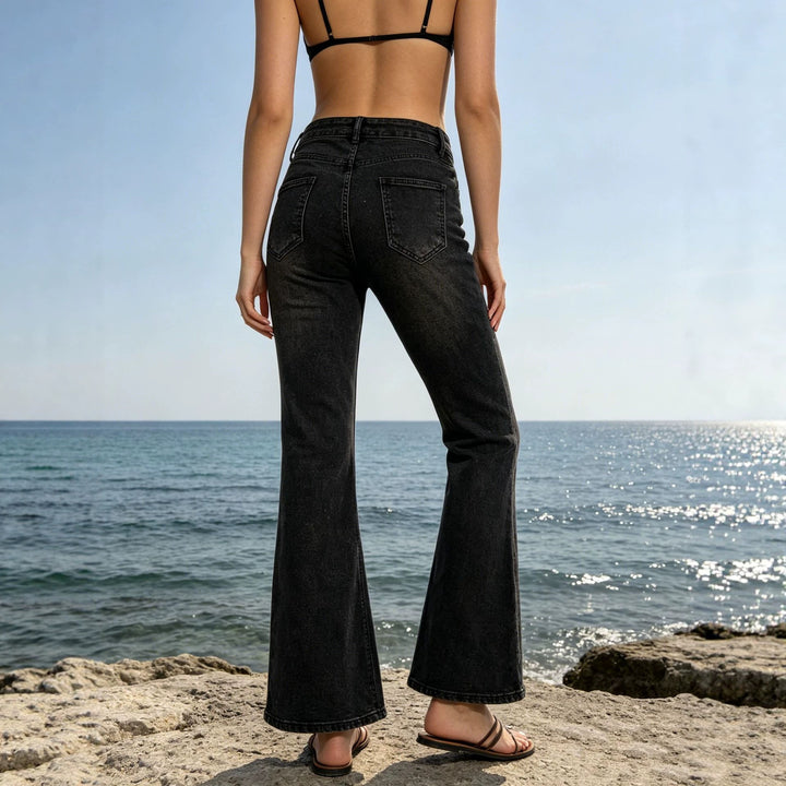 Damen nan hochgeschnittene Flared-Jeans aus Stretch-Denim mit figurbetonter Taille und weitem Bein Drune