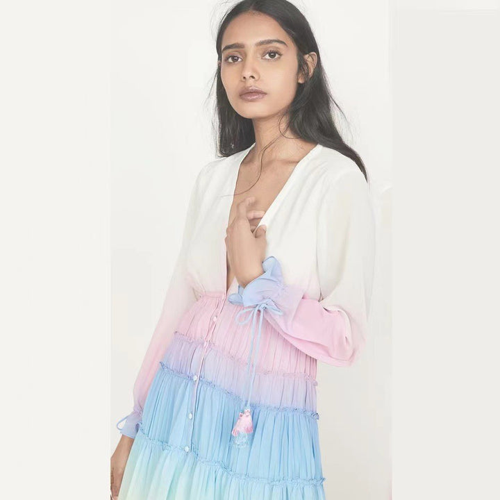 Damen Maxikleid mit zarten Rüschendetails und fließendem Ombre-Effekt Drune
