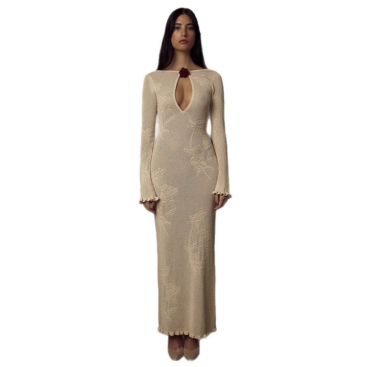 Damen Maxikleid mit tiefem Ausschnitt und raffiniertem Häkelmuster Drune