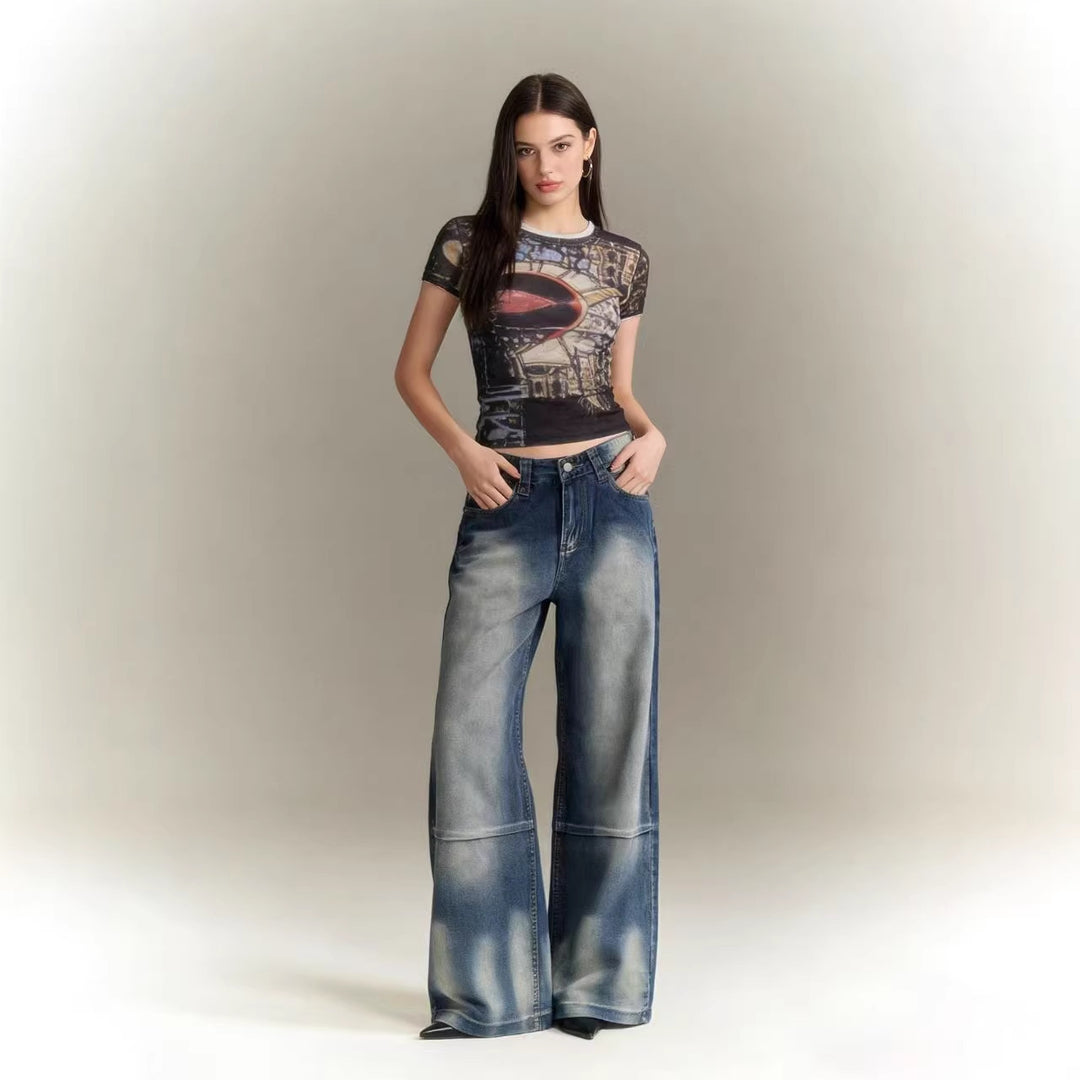 Damen Schlagjeans mit weitem Bein und modischen Waschungseffekten Drune