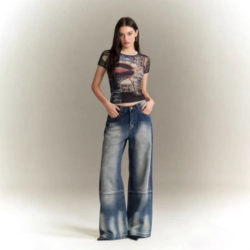 Damen Schlagjeans mit weitem Bein und modischen Waschungseffekten Drune