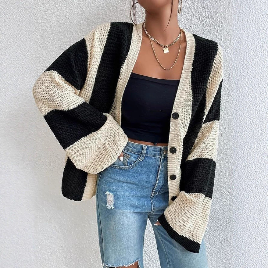 Damen stylische Strickjacke mit breiten Blockstreifen Drune