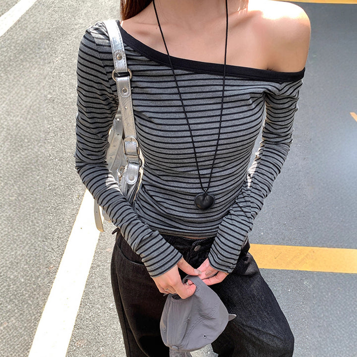 Damen asymmetrisches Longsleeve Shirt mit modischen Streifen Drune