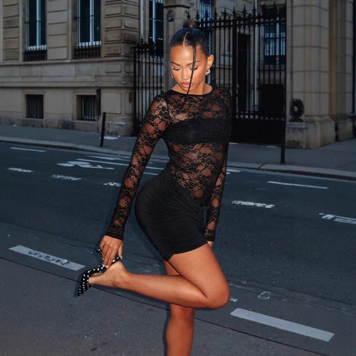 Damen Spitzenminikleid mit Raffungen und transparenten Ärmeln Drune