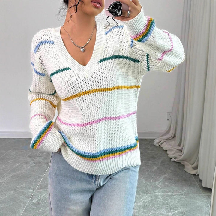 Damen lässiger Strickpullover mit V-Ausschnitt und buntem Streifenmuster Drune