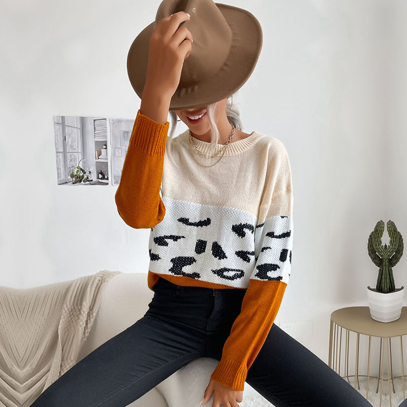 Damen lässiger Strickpullover mit modischem Farbblock-Design und animalischen Akzenten Drune