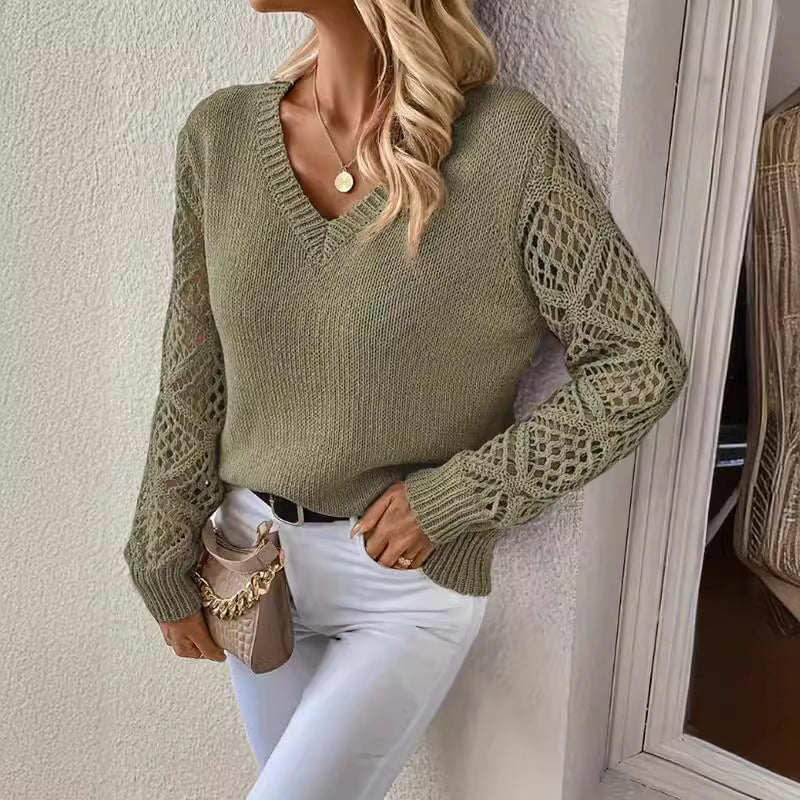 Damen Designer-Strickpullover mit extravaganten Lochmustern und V-Ausschnitt Drune