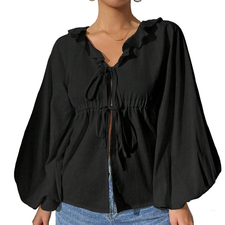 Damen blusenförmige Shirtjacke mit voluminösen Ärmeln und Rüschendetails Drune